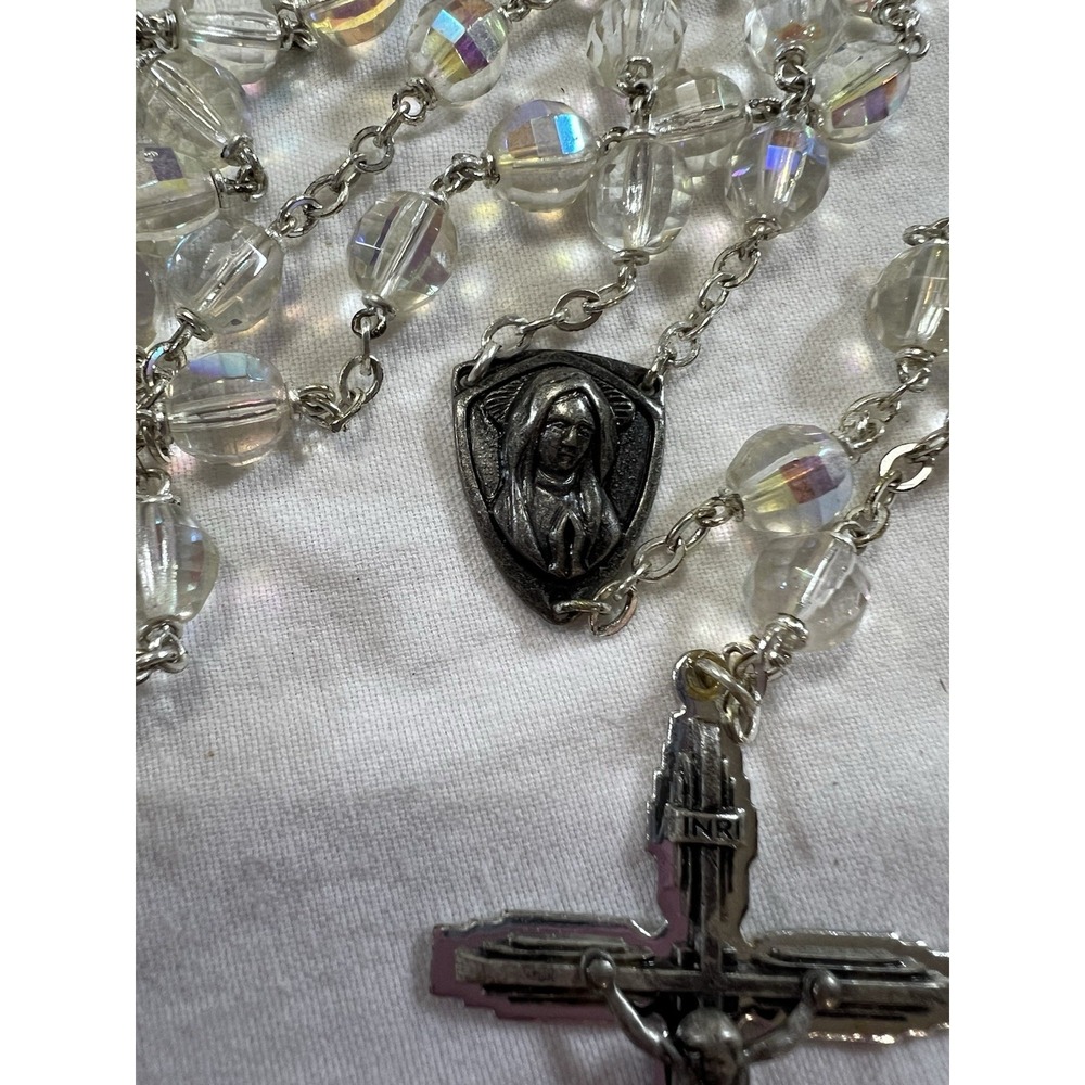 Set of 2 Catholic Rosaries Blue & Clear Glass Beads Silver Crucifix INRI Vintage - Picture 8 of 12